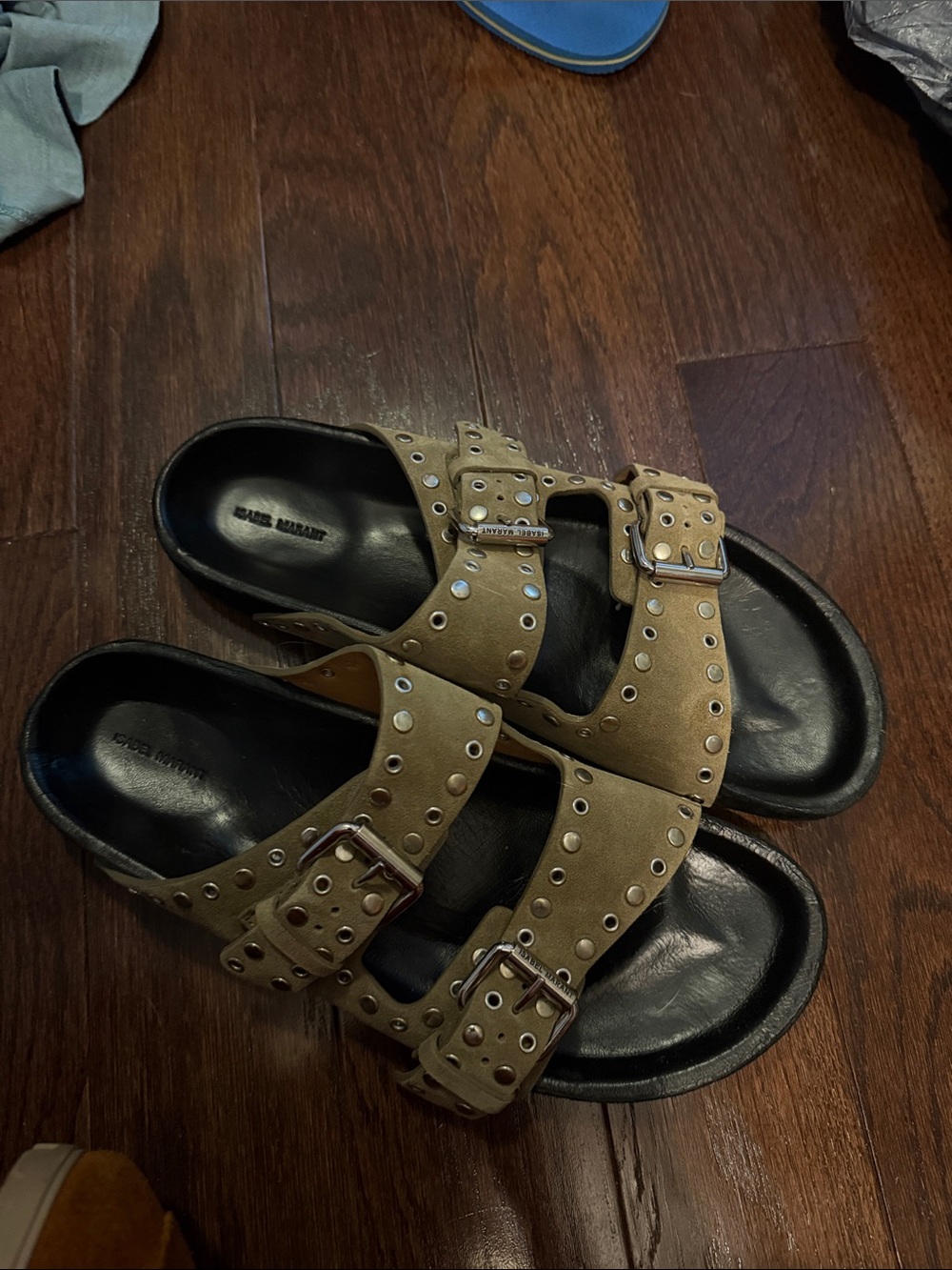 Isabel Marant Olive Green Studded Double-Buckle Slide Sandals